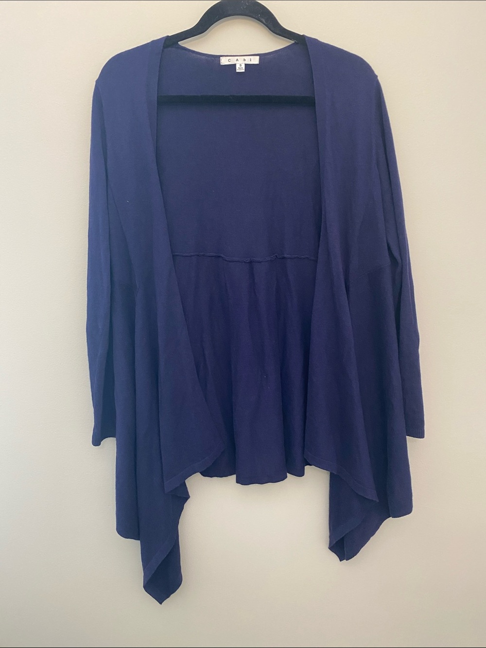 CAbi Cotton/Cashmere Blend Navy Open-Front Draped Cardigan